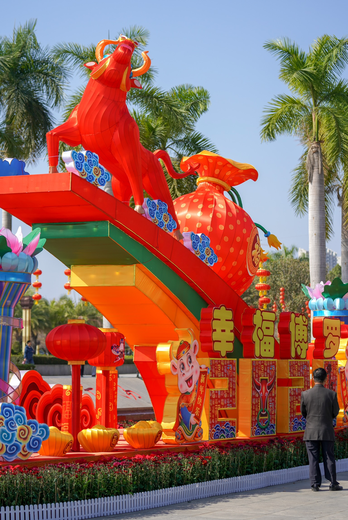 县城文化广场的牛年灯盏吸引市民驻足观赏
